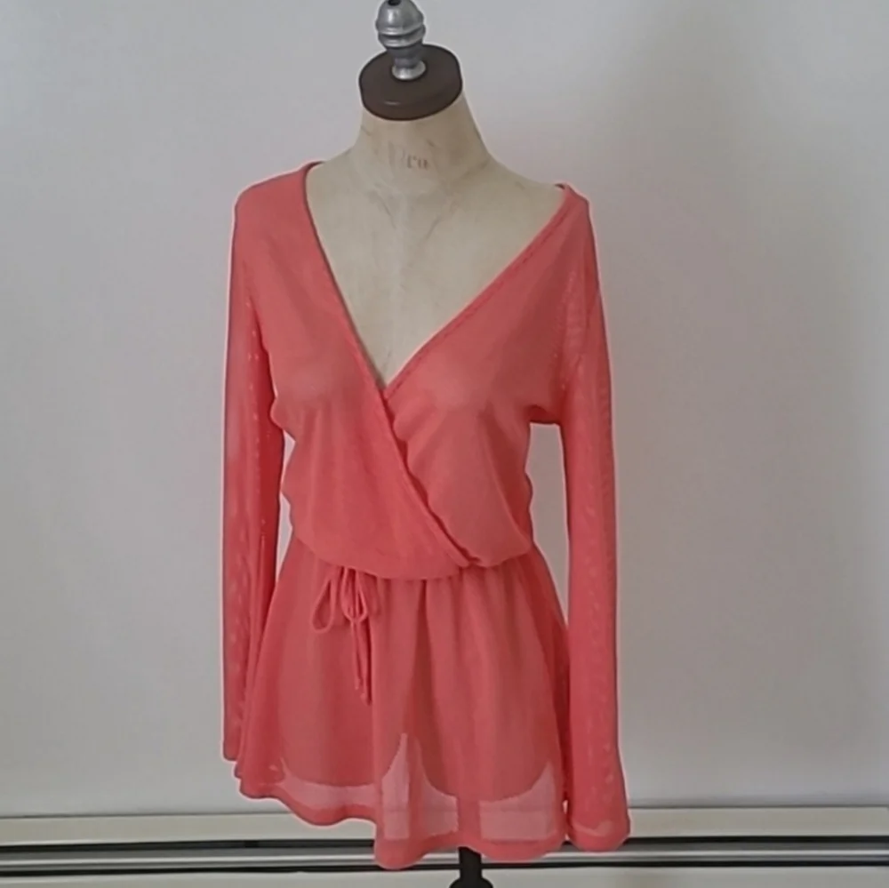 Francesca's Resortwear Mesh Long Sleeve Coral Mini Dress Coverup M/L
